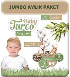 Baby Turco Bebek Bezi Doğadan Beden:7 (20-30Kg) XXLarge 64 Adet Jumbo Aylık Pk