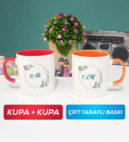 İkili Çiçek Tasarımlı İsme Özel Kupa Bardak Kırmızı Turuncu