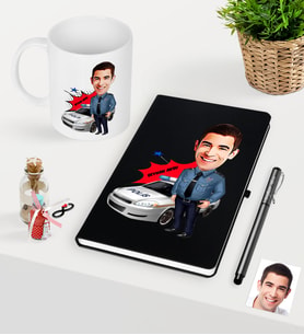BK Gift Kişiye Özel Bay Trafik Polisi Karikatürlü Siyah Defter Kalem Kupa Seti - 2 (Model 1)