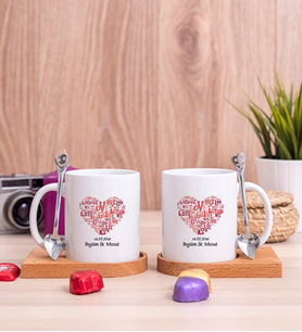 Love Tasarım Hediyelik Ahşap Altlıklı İkili Beyaz Kupa Bardak