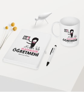 BK Gift Kişiye Özel Matematik Öğretmeni Temalı Beyaz Defter Kalem Kupa Seti - 1