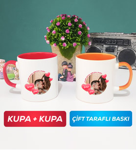 İkili Sevgiliye Sevgililer Günü Hediyesi 8 Kupa Bardak Kırmızı Turuncu