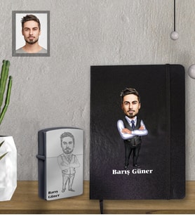 Kişiye Özel Öğretmen Karikatürlü Siyah Defter Çakmak Hediye Seti Bay-12 (Model 1)