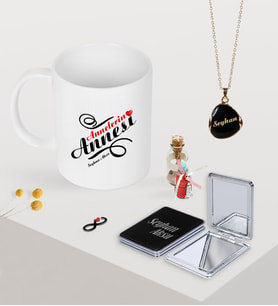 BK Gift Kişiye Özel Annelerin Annesi Kupa Ayna ve Siyah Mineli Kolye Seti (Model 1)