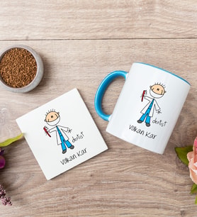 Erkek Diş Hekimi Karikatürü Mavi Kupa Bardak Ve Bardak Altlığı Seti