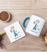 Erkek Diş Hekimi Karikatürü Mavi Kupa Bardak Ve Bardak Altlığı Seti