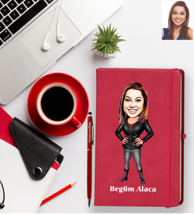 Kişiye Özel Bayan Karikatürlü Kırmızı Defter Kalem Hediye Seti Model-7