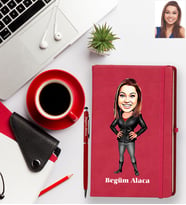 Kişiye Özel Bayan Karikatürlü Kırmızı Defter Kalem Hediye Seti Model-7