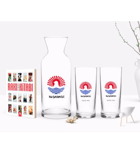 BK Gift Kişiye Özel Renkli Baskılı Kuşadası Tasarımlı Turistik İkili Rakı Bardağı Karaf ve Cep Kitabı Hediye Seti-1 (Model 1)