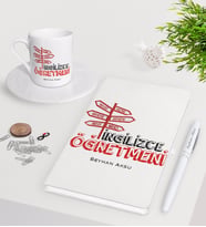 BK Gift Kişiye Özel İngilizce Öğretmeni Beyaz Defter Kalem Türk Kahvesi Fincanı Seti-1 (Model 1)