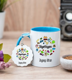 Diyetisyen Mavi Kupa Bardak Ve Anahtarlık Set