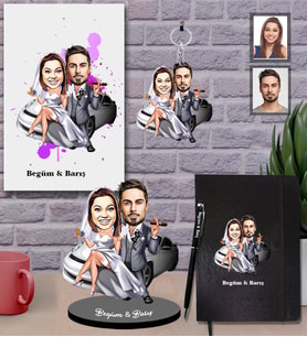 Kişiye Özel Gelin Damat Karikatürlü 5 li Hediye Seti  Mod-2