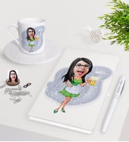 BK Gift Kişiye Özel Bayan Karikatürlü Beyaz Defter Kalem Türk Kahvesi Fincanı Seti-30 (Model 1)