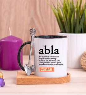 Abla Kelime Anlamı Ahşap Altlıklı Siyah Kupa Bardak