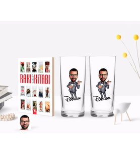 BK Gift Kişiye Özel Renkli Baskılı Erkek Patron Karikatürlü İkili Rakı Bardağı ve Rakı Cep Kitabı Hediye Seti-3 (Model 1)