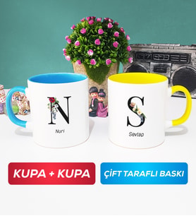 İkili Kişiye Özel Baş Harf ve İsim Yazılı Kupa Bardak Mavi Sarı