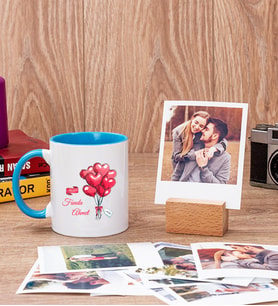Sevgililere Özel Balon Tasarım Mavi Kupa ve Ahşap Standlı Polaroid Set