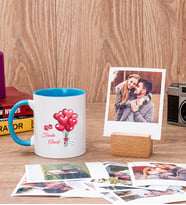 Sevgililere Özel Balon Tasarım Mavi Kupa ve Ahşap Standlı Polaroid Set