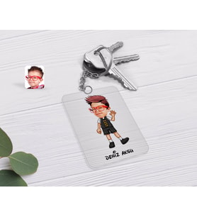 BK Gift Kişiye Özel Erkek Çocuk Karikatürlü Şeffaf Pleksi Anahtarlık-2 (Beyaz)