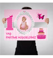 Doğum Günü Afişi Pembe Kelebek Pasta Konsept 70x100cm