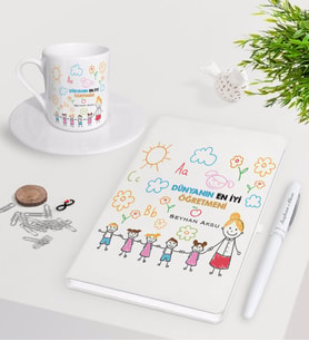 BK Gift Kişiye Özel Dünyanın En İyi Öğretmeni Beyaz Defter Kalem Türk Kahvesi Fincanı Seti-25 (Model 1)