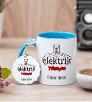 Elektrik Teknisyeni Mavi Kupa Bardak Ve Anahtarlık Set