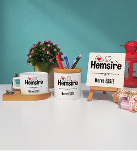 Hemşire Ahşap Altlıklı Fincan Kalemlik ve Dekoratif Taş Baskı Seti