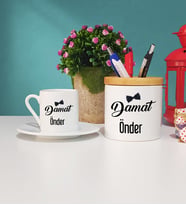Damat Tasarımlı Kişiye Özel Damat Türk Kahvesi Fincanı ve Kalemlik Hediye Seti