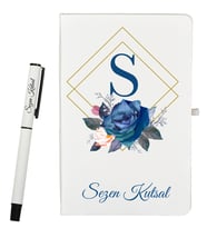 Kişiye Özel Hazırlanmış Şık Çiçek Tasarımlı Defter ve Beyaz Roller Kalem Seti