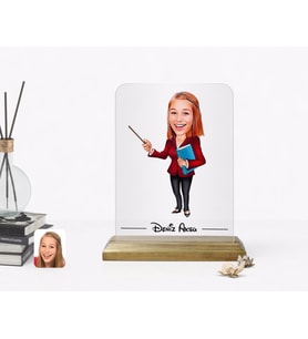 BK Gift Kişiye Özel Kadın Öğretmen Karikatürlü Ahşap Standlı Çerçeve-3 (Beyaz)