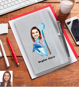 Kişiye Özel Diş Doktoru Karikatürlü Gri Defter Kalem Hediye Seti Bayan-1