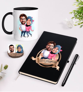 BK Gift Kişiye Özel Yılın En Mükemmel Çifti Karikatürlü Siyah Defter Kalem ve Kupa Seti-58 (Model 1)