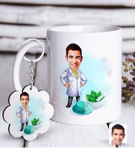 BK Gift Kişiye Özel Erkek Eczacı Karikatürlü Beyaz Kupa ve Anahtarlık Hediye Seti-1 (Model 1)
