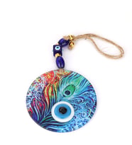 Füzyon Cam Tavus Kuşu Tüyü Desenli 12x12 Cm Nazar Boncuklu 12x30 Cm El Yapımı Du
