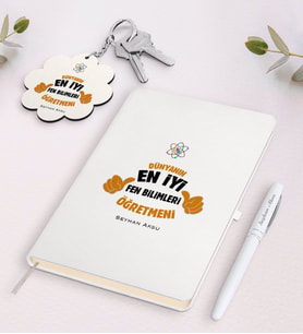 BK Gift Kişiye Özel Fen Bilimleri Öğretmeni Beyaz Defter Kalem Ve Anahtarlık Hediye Seti-1 (Model 1)