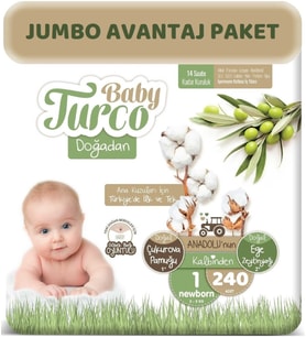 Baby Turco Bebek Bezi Doğadan Beden:1 (2-5Kg) Yeni Doğan 240 Adet Jumbo Avantaj Pk