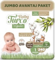 Baby Turco Bebek Bezi Doğadan Beden:1 (2-5Kg) Yeni Doğan 240 Adet Jumbo Avantaj Pk