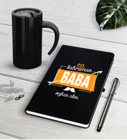 BK Gift Kişiye Özel En Kahraman Baba Siyah Defter Kalem Termos Mug Seti (Model 1)