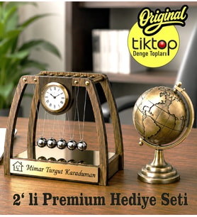 Kişiye Özel 2' li SET AHŞAP Newton Denge Topu & Premium 360 derece dönen Metal Dünya küresi Ofis Hediye Seti