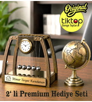 Kişiye Özel 2' li SET AHŞAP Newton Denge Topu & Premium 360 derece dönen Metal Dünya küresi Ofis Hediye Seti