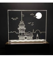 Kız Kulesi Figürlü Dekoratif Hediye Led Masa Lambası Günışığı Renk Ahşap Taban