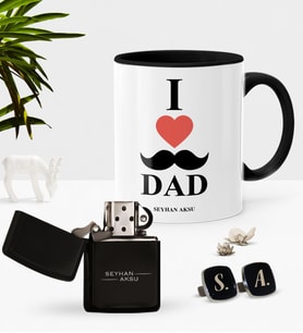 BK Gift Kişiye Özel Babamı Seviyorum Siyah Kupa Çakmak Kol Düğmesi Seti (Model 1)