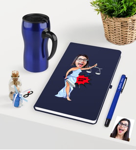 BK Gift Kişiye Özel Bayan Avukat Karikatürlü Lacivert Defter Kalem Termos Mug Seti - 1 (Model 1)