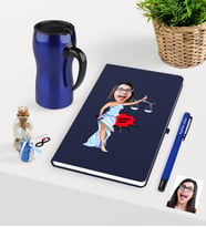 BK Gift Kişiye Özel Bayan Avukat Karikatürlü Lacivert Defter Kalem Termos Mug Seti - 1 (Model 1)
