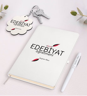 BK Gift Kişiye Özel Edebiyat Öğretmeni Beyaz Defter Kalem Ve Anahtarlık Hediye Seti-5 (Model 1)
