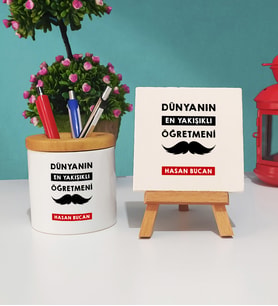 Dünyanın En Yakışıklı Öğretmeni Kalemlik ve Dekoratif Taş Baskı Seti