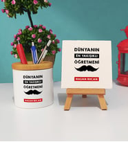 Dünyanın En Yakışıklı Öğretmeni Kalemlik ve Dekoratif Taş Baskı Seti