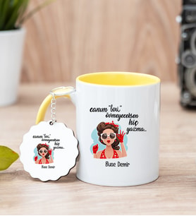 Övmeyeceksen Hiç Yazma Sarı Kupa Bardak ve Anahtarlık Set