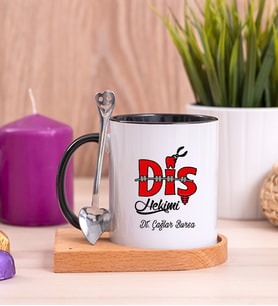 Diş Hekimi Ahşap Altlıklı Siyah Kupa Bardak