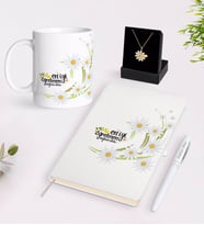 BK Gift Kişiye Özel Papatya Temalı En İyi Öğretmen Beyaz Kupa Defter Kalem ve İsimli Papatya Kolye Hediye Seti-1 (Model 1)